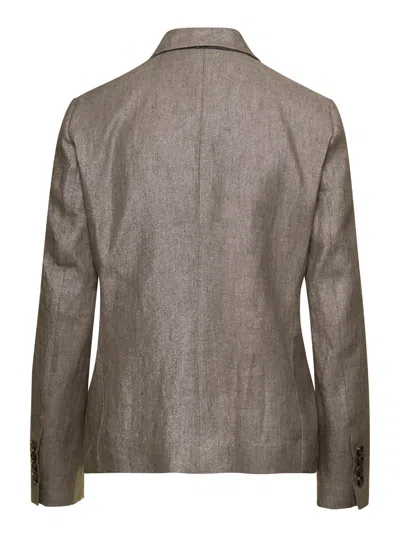 Brunello Cucinelli Metallic Double-breasted Jacket With Peak Revers In Linen Blend Woman In Brown