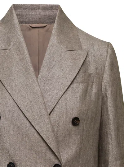 Brunello Cucinelli Metallic Double-breasted Jacket With Peak Revers In Linen Blend Woman In Brown