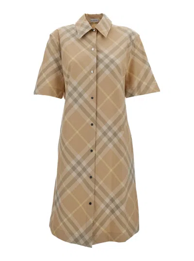 Burberry Check Cotton Shirt Dress In Beige