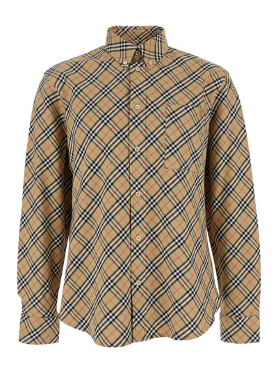 Burberry Cotton Check Shirt With Button-down Collar In Yellow