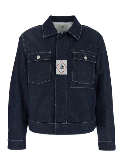 C.p. Company Blue Jacket With Classic Collar And Logo Patch On The Front In Multicolor