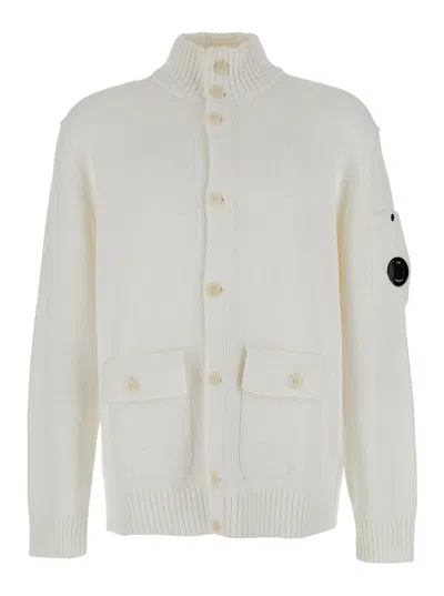C.p. Company White Cardigan With High Neck And Lens Motif Applied On The Sleeve In White