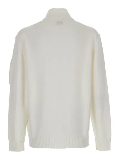 C.p. Company White Cardigan With High Neck And Lens Motif Applied On The Sleeve In White