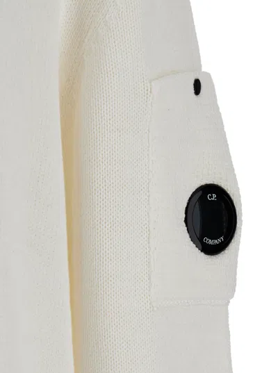 C.p. Company White Cardigan With High Neck And Lens Motif Applied On The Sleeve In White