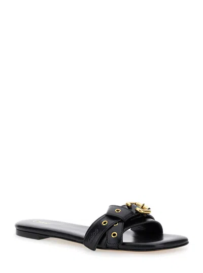 Chloé Mae Buckle-embellished Glossed-leather Slides In Black