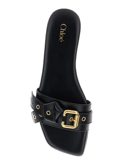 Chloé Mae Buckle-embellished Glossed-leather Slides In Black