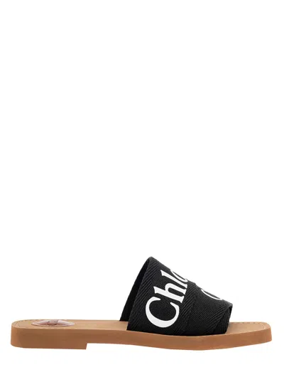 Chloé Women Woody Linen Flat Sandals In Black