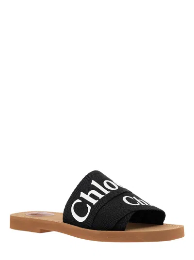 Chloé Women Woody Linen Flat Sandals In Black