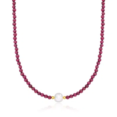 Ross-simons 8.5-9.5mm Cultured Pearl And Garnet Bead Necklace With 18kt Gold Over Sterling In Multi