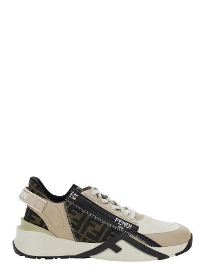 Fendi Beige Leather Sneakers With Ff Motif In Brown