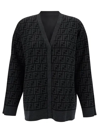 Fendi Black Reversible Cardigan With Jacquard Ff Motif In Knit Woman