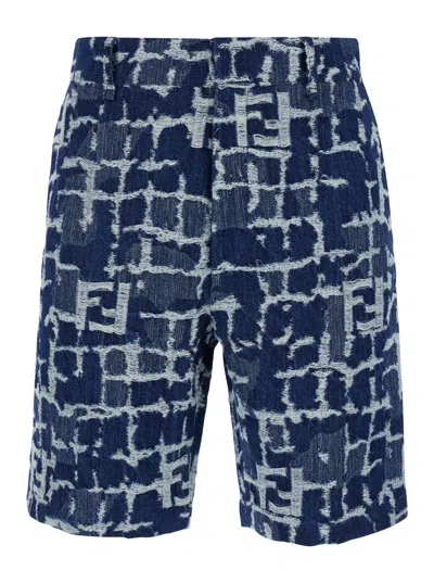 Fendi Ff Jacquard Denim Shorts In Blue