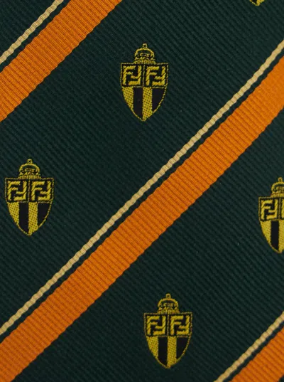 Fendi Blue Silk Tie With All-over  Crest Motif And All-over Striped Motif In Silk Man In Multicolor
