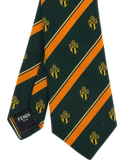 Fendi Blue Silk Tie With All-over  Crest Motif And All-over Striped Motif In Silk Man In Multicolor