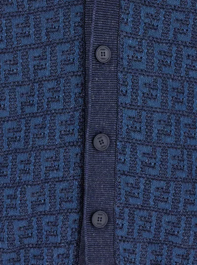 Fendi Embroidered Stretch Linen Blend Cardigan In Blue