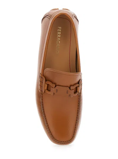 Ferragamo Brown Loafers With Ganicini Plaque On The Front
