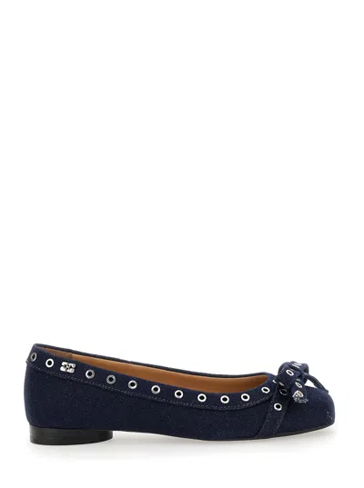 Ganni Blu Navy Ballerina Flats Embellished With Silver Studs In Multicolor
