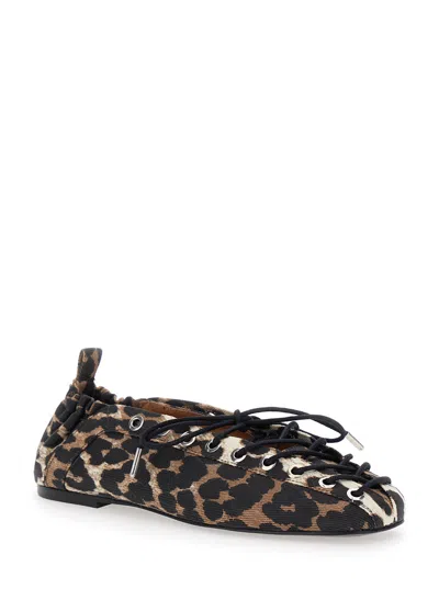 Ganni Denim Print Lace-up Ballerina Flats With Leopard Pattern In Animal Print