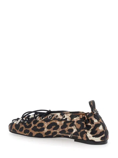 Ganni Denim Print Lace-up Ballerina Flats With Leopard Pattern In Animal Print