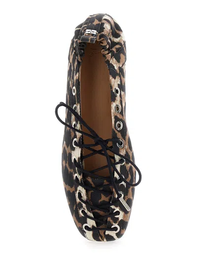 Ganni Denim Print Lace-up Ballerina Flats With Leopard Pattern In Animal Print