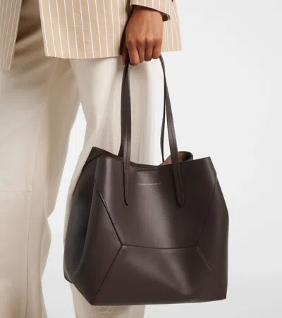 Brunello Cucinelli Geometric Design Leather Tote Bag With Structured Silhouette In Brown