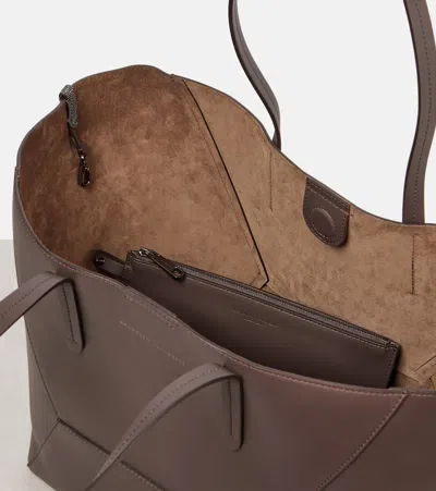 Brunello Cucinelli Geometric Design Leather Tote Bag With Structured Silhouette In Brown