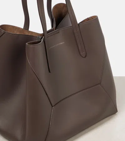 Brunello Cucinelli Geometric Design Leather Tote Bag With Structured Silhouette In Brown
