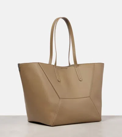 Brunello Cucinelli Beige Tote Bag With Logo Lettering On The Front And Geometric Panels Design In Leather Woman In Green
