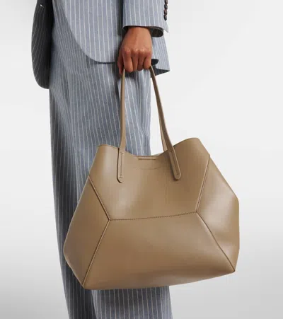 Brunello Cucinelli Beige Tote Bag With Logo Lettering On The Front And Geometric Panels Design In Leather Woman In Green