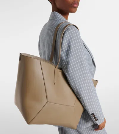 Brunello Cucinelli Beige Tote Bag With Logo Lettering On The Front And Geometric Panels Design In Leather Woman In Green