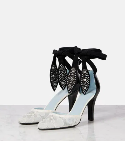 Valentino 85 Embellished Suede-trimmed Corded Lace And Patent-leather Pumps In White