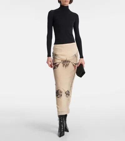 Jean Paul Gaultier Mesh Skirt Double Layer Printed Tattoo Rose & Bird In Multicoloured
