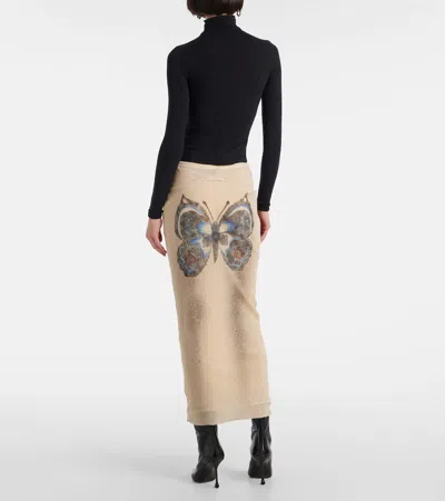 Jean Paul Gaultier Mesh Skirt Double Layer Printed Tattoo Rose & Bird In Multicoloured