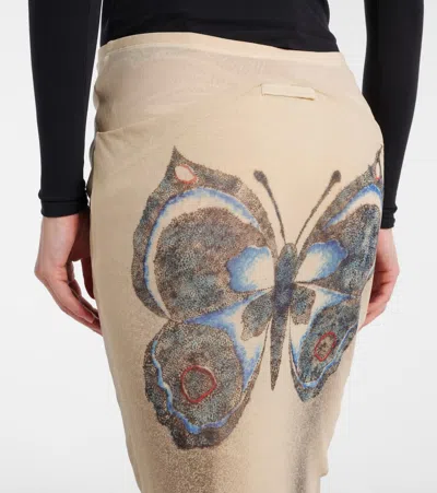 Jean Paul Gaultier Mesh Skirt Double Layer Printed Tattoo Rose & Bird In Multicoloured