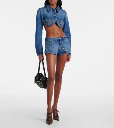 Jean Paul Gaultier Denim Cropped Jacket With Topstitching Details On Cups In Blue