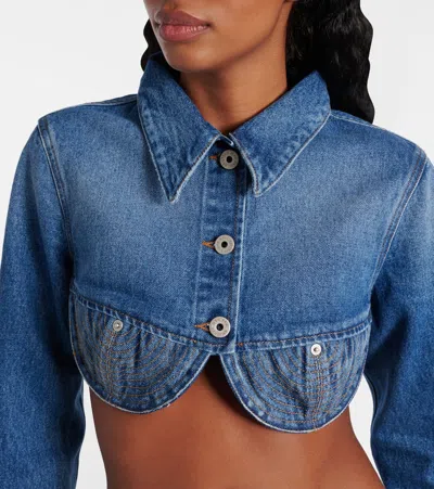 Jean Paul Gaultier Denim Cropped Jacket With Topstitching Details On Cups In Blue