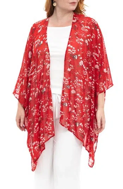 Nina Leonard Semi Sheer Open Front Topper In Red Multi