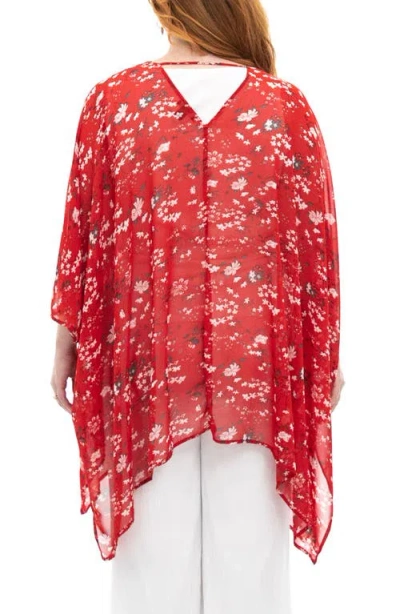 Nina Leonard Semi Sheer Open Front Topper In Red Multi