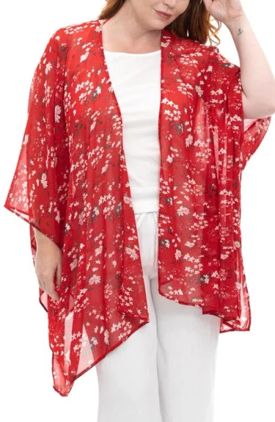 Nina Leonard Semi Sheer Open Front Topper In Red Multi