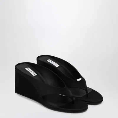 Alaïa Black Satin Tong Wedge Sandals In Black