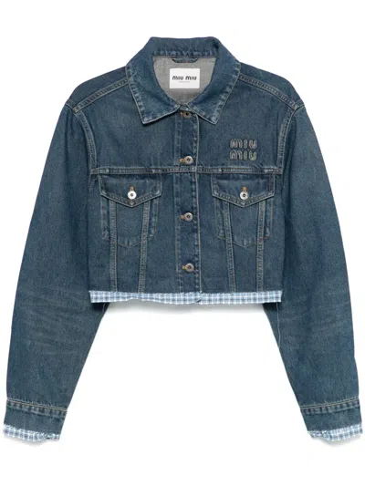Miu Miu Logo Patch Cropped Denim Jackets In Blue