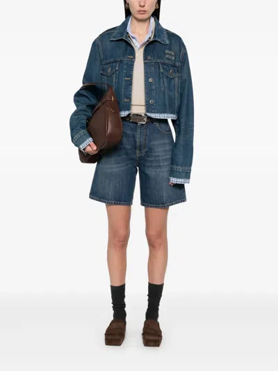 Miu Miu Logo Patch Cropped Denim Jackets In Blue