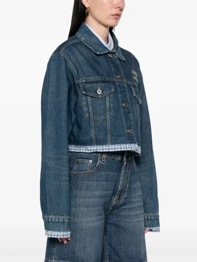 Miu Miu Logo Patch Cropped Denim Jackets In Blue