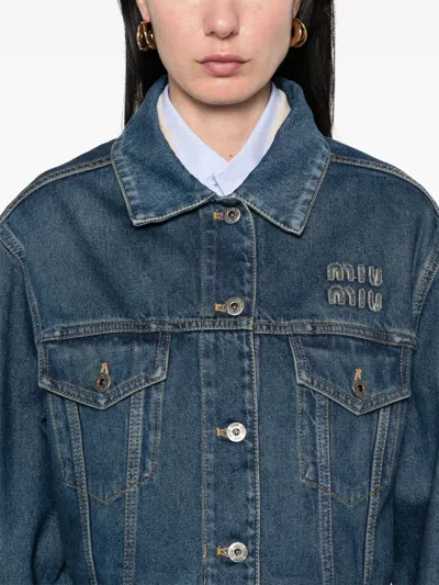 Miu Miu Logo Patch Cropped Denim Jackets In Blue