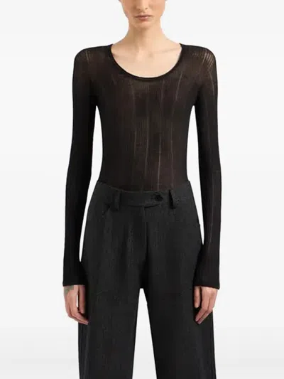 Giorgio Armani Knitwear Scoop Neck Sheer Ribbed Texture Long Sleeves In Gray