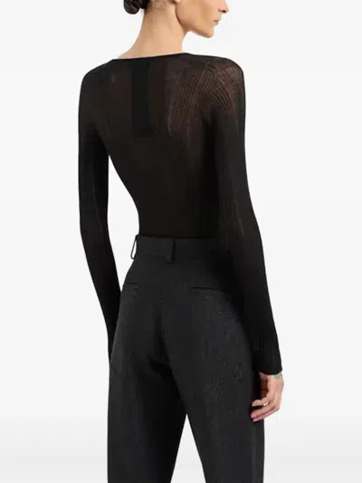 Giorgio Armani Knitwear Scoop Neck Sheer Ribbed Texture Long Sleeves In Gray