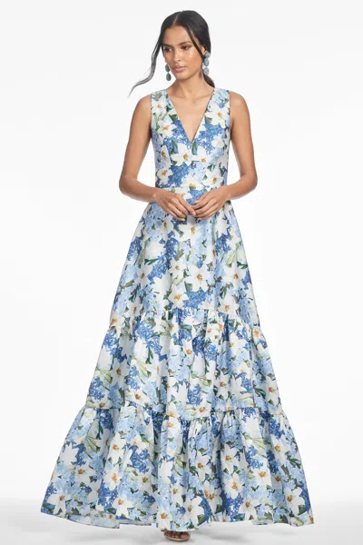 Sachin & Babi Rori Tiered Floral-print Mikado Gown In Sky Blue Star Lillies