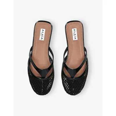 Alaïa Fishnet And Leather Flip Flops Flat Mules Shoes In Black