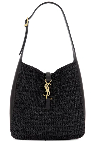 Saint Laurent Le 5 A 7 Small Ysl Hobo Bag In Raffia In Nero