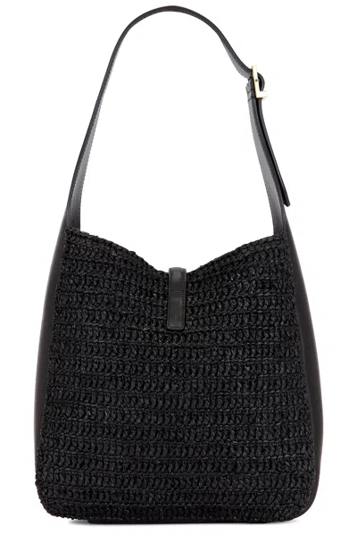 Saint Laurent Le 5 A 7 Small Ysl Hobo Bag In Raffia In Nero